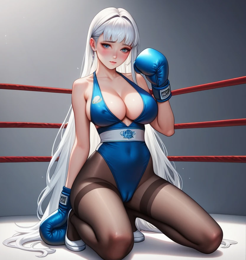 korean beautifull girl,18 years old,Pretty Face,Good shape,detailed picture, Shy expression, blush,White long hair, Wearing very sexy boxing clothes,Wear black pantyhose, Wearing black boxing gloves, Kneeling in a sexy pose on the boxing ring,Large Breasts,Cleavage,Long legs,Thin waist,nipple,Camel toe