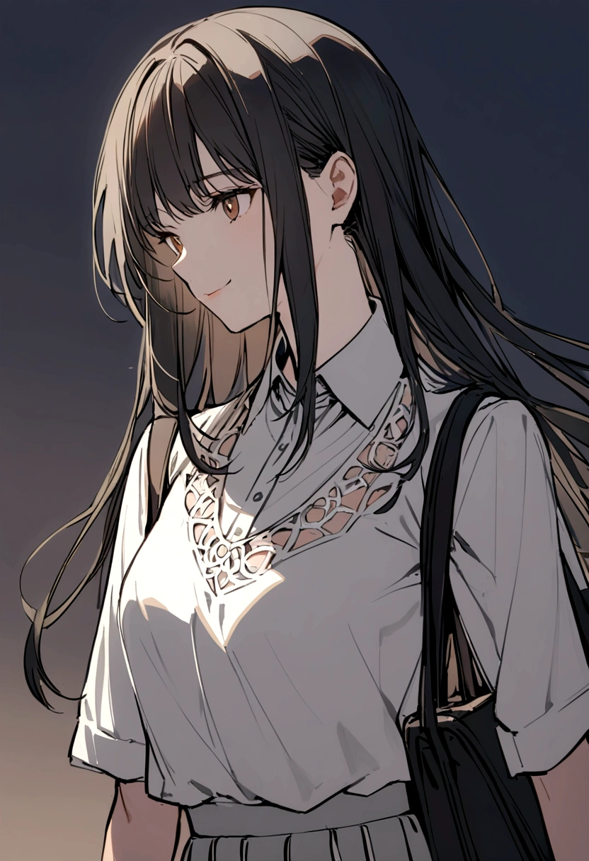 a girl with long black hair, brown eyes, fair skin, smiling, wearing a white collared top, wearing a light gray skirt, carrying a bag.