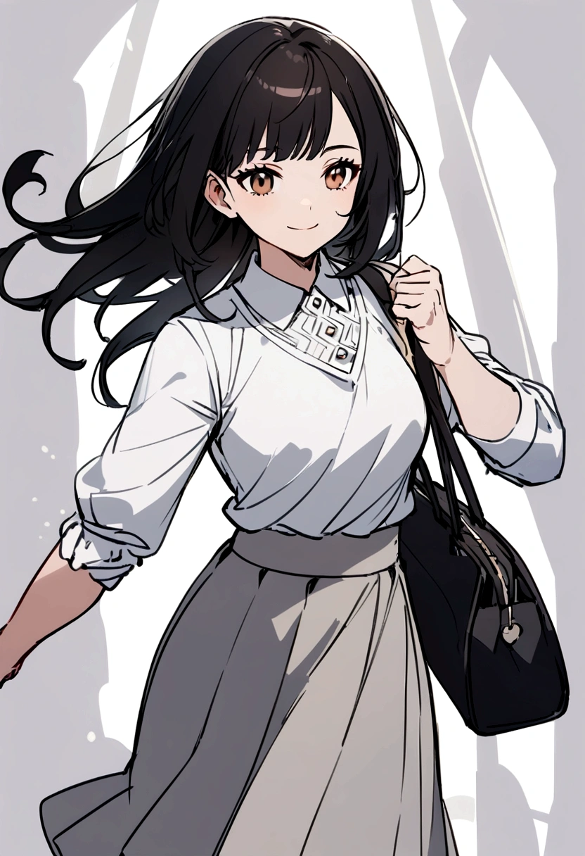 a girl with long black hair, brown eyes, fair skin, smiling, wearing a white collared top, wearing a light gray skirt, carrying a bag.