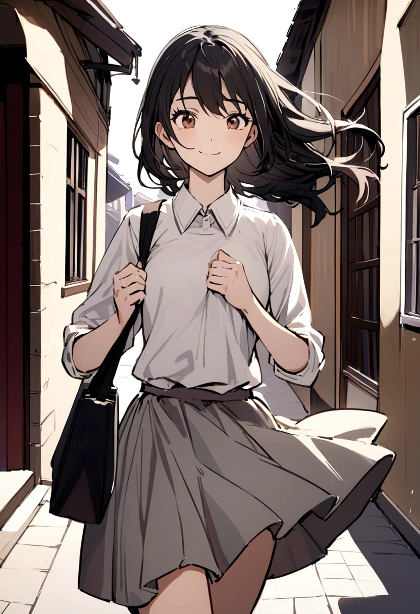 a girl with long black hair, brown eyes, fair skin, smiling, wearing a white collared top, wearing a light gray skirt, carrying a bag.