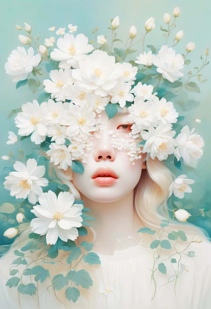 blond woman with white flowers covering her face and eyes, inspired by Hsiao-Ron Cheng, inspired by Yanjun Cheng, by Ayami Kojima, by Hsiao-Ron Cheng, by Yanjun Cheng, guweiz, artwork in the style of guweiz, by Eizan Kikukawa, pastel, james jean and wlop