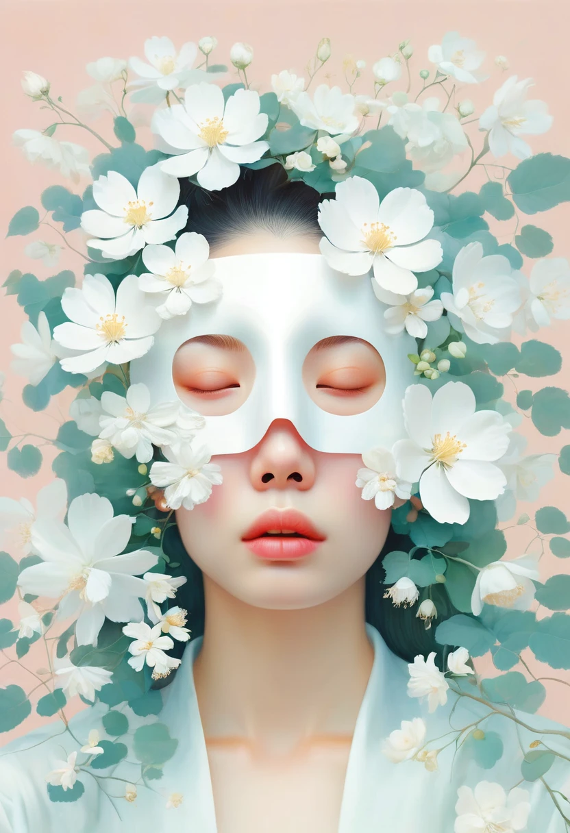 blond woman with white flowers covering her face and eyes, inspired by Hsiao-Ron Cheng, inspired by Yanjun Cheng, by Ayami Kojima, by Hsiao-Ron Cheng, by Yanjun Cheng, guweiz, artwork in the style of guweiz, by Eizan Kikukawa, pastel, james jean and wlop