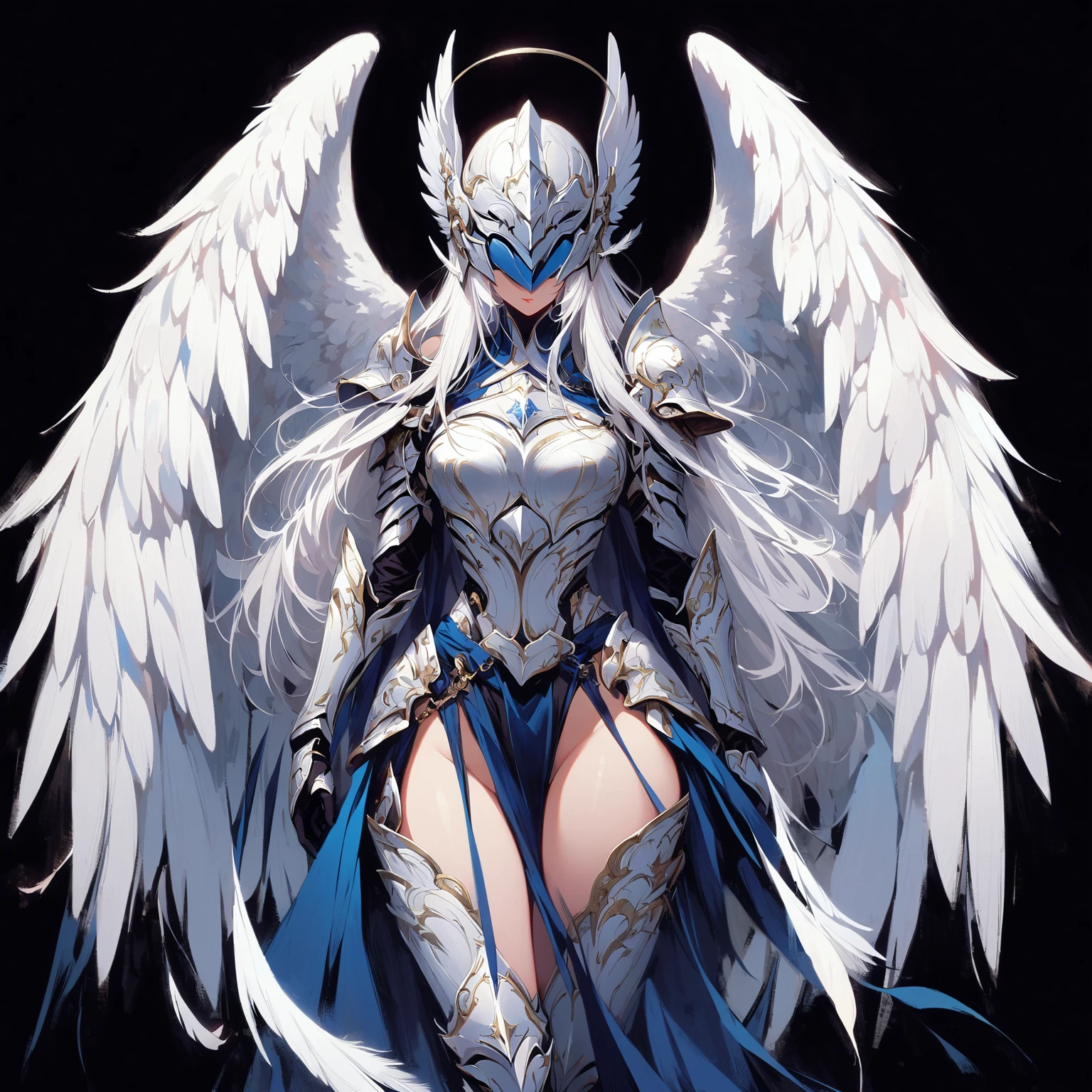 1girl angel with winged helmet covering her eyes angel_wings armor feathers_Long wing feathers_Hair Shoulder Armor Shoulder_Armor single piece_Upper wing separation_The body is white_Theme blue_Wings Wings