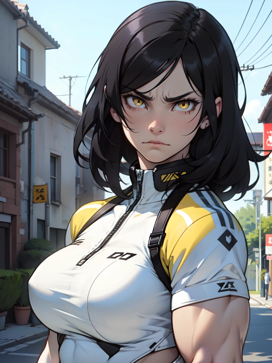 muscular girl thick breasts black hair yellow eyes pale skin best quality sad frown