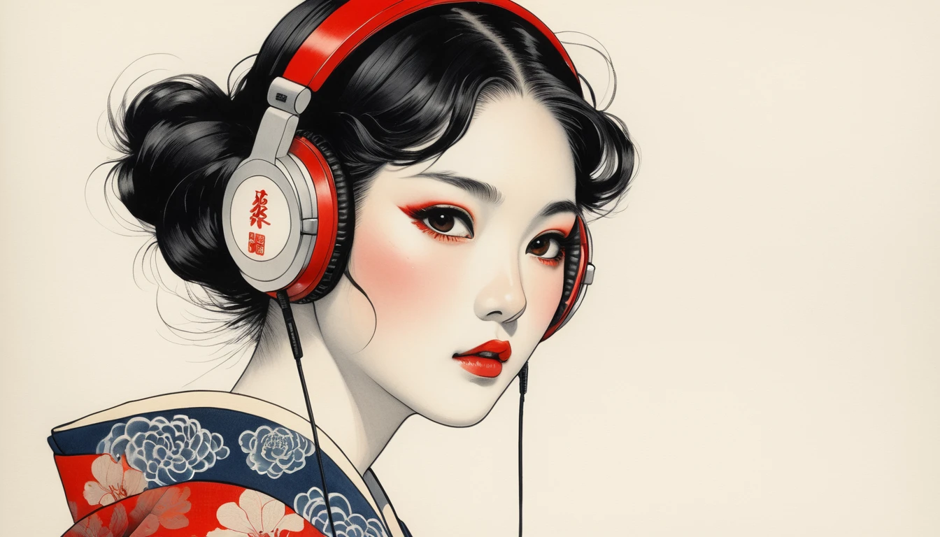 Highest quality, Katsushika Hokusai, Ink Painting, Red eyeliner, (((1 girl))), Japanese style headphones, beautiful girl, Black hair, Delicate and precise, Modern ukiyo-e style