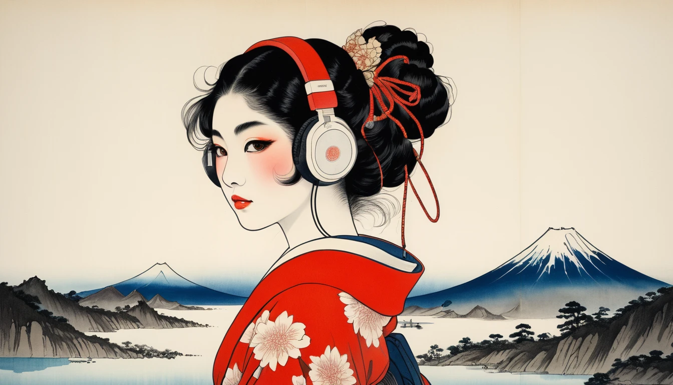 Highest quality, Katsushika Hokusai, Ink Painting, Red eyeliner, (((1 girl))), Japanese style headphones, beautiful girl, Black hair, Delicate and precise, Modern ukiyo-e style