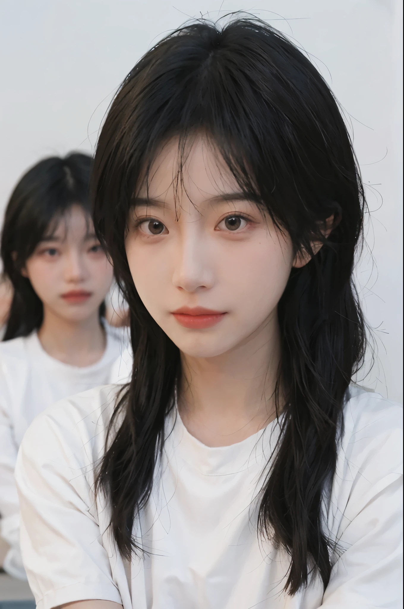 best quality， Ultra-high resolution， White background，16K，simplesmente fofo，（Realistically：1.4）， 2 girls， White short sleeve，twin，Triplets，Rose Rain，A pair of eyes as clear as snow,Royal sisters，looking at the audience， close up ，