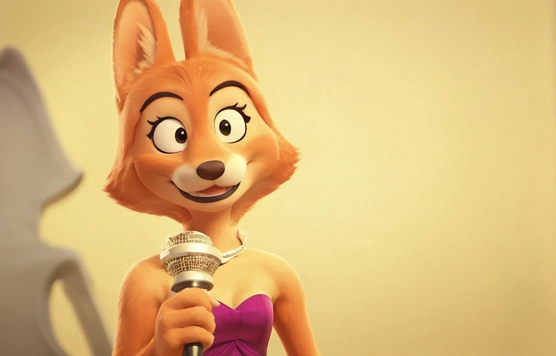 a detailed and realistic portrait of diane foxington singing on a stage, orange body, black lips, eyelashes, eyebrow piercing, pink dress, eyes closed