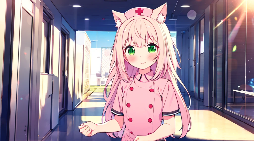 interior,hospital,A girl, alone, green eyes, gray fur, Hair ornaments, hits, Youtuber Virtual, shine, blunt hits, double explosion, animal ears, Lens flare, flat chest,pink nurse uniform,blush, (See your viewers), SMILE, 