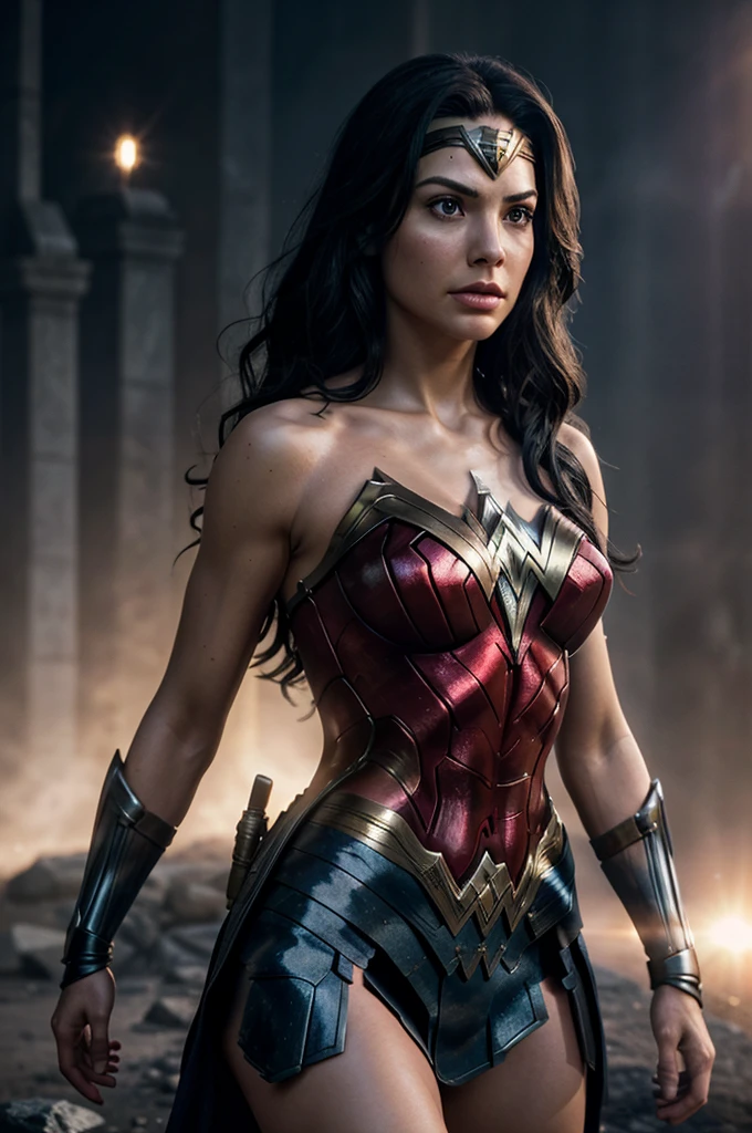 Scene from Movie, Wonder Woman from DC Close-Up, Distorted Space, Distorted Undead in the Background, Lens Flares, Light Shafts, Intricate Details, High Detailed, Volumetric Lighting, 4k Rendering, Stock Photo, Hyper-Realistic, Realistic Textures, Dramatic Lighting, Unreal Engine