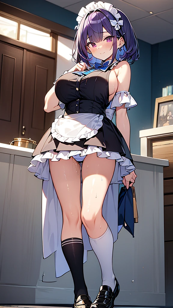 最high quality, high quality, Super detailed, 32k, Ultra-detailed details, Sister and maid, (only, Standing, pretty girl, beautiful purple hair, short hair, Beautiful RED eyes, mature, Big Breasts, A light smile, Off-the-shoulder sleeveless Summer メイド服, Summer casual maid clothes, Short skirt, Blue and white color striped underwear, Black knee socks, loafers, My crotch is wet with love juice, 18-year-old,cute), {{ターゲットの男の妹,The succubus infiltrates the mansion, peels the skin off her sister's face, replaces it with her own, and puts on a maid outfit with her sister's face, lifting her skirt to show her underwear., Mature body and sister's face}, She has transformed from a shy maid into a lewd one., A maid with her sister's face stuck on her face is vigorously pistoning her body, A maid who moves her body vigorously without caring if her breasts bounce, Super detailed, indoor, Full body image, ((Head to Toe:1.3)), NSFW