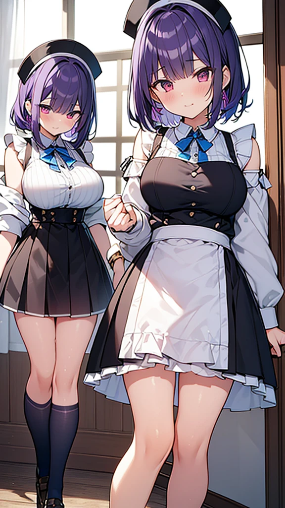 最high quality, high quality, Super detailed, 32k, Ultra-detailed details, Sister and maid, (only, Standing, pretty girl, beautiful purple hair, short hair, Beautiful RED eyes, mature, Big Breasts, A light smile, Off-the-shoulder sleeveless Summer メイド服, Summer casual maid clothes, Short skirt, Blue and white color striped underwear, Black knee socks, loafers, My crotch is wet with love juice, 18-year-old,cute), {{ターゲットの男の妹,The succubus infiltrates the mansion, peels the skin off her sister&#39;s face, replaces it with her own, and puts on a maid outfit with her sister&#39;s face, lifting her skirt to show her underwear., Mature body and sister&#39;s face}, She has transformed from a shy maid into a lewd one., A maid with her sister&#39;s face stuck on her face is vigorously pistoning her body, A maid who moves her body vigorously without caring if her breasts bounce, Super detailed, indoor, Full body image, ((Head to Toe:1.3)), NSFW