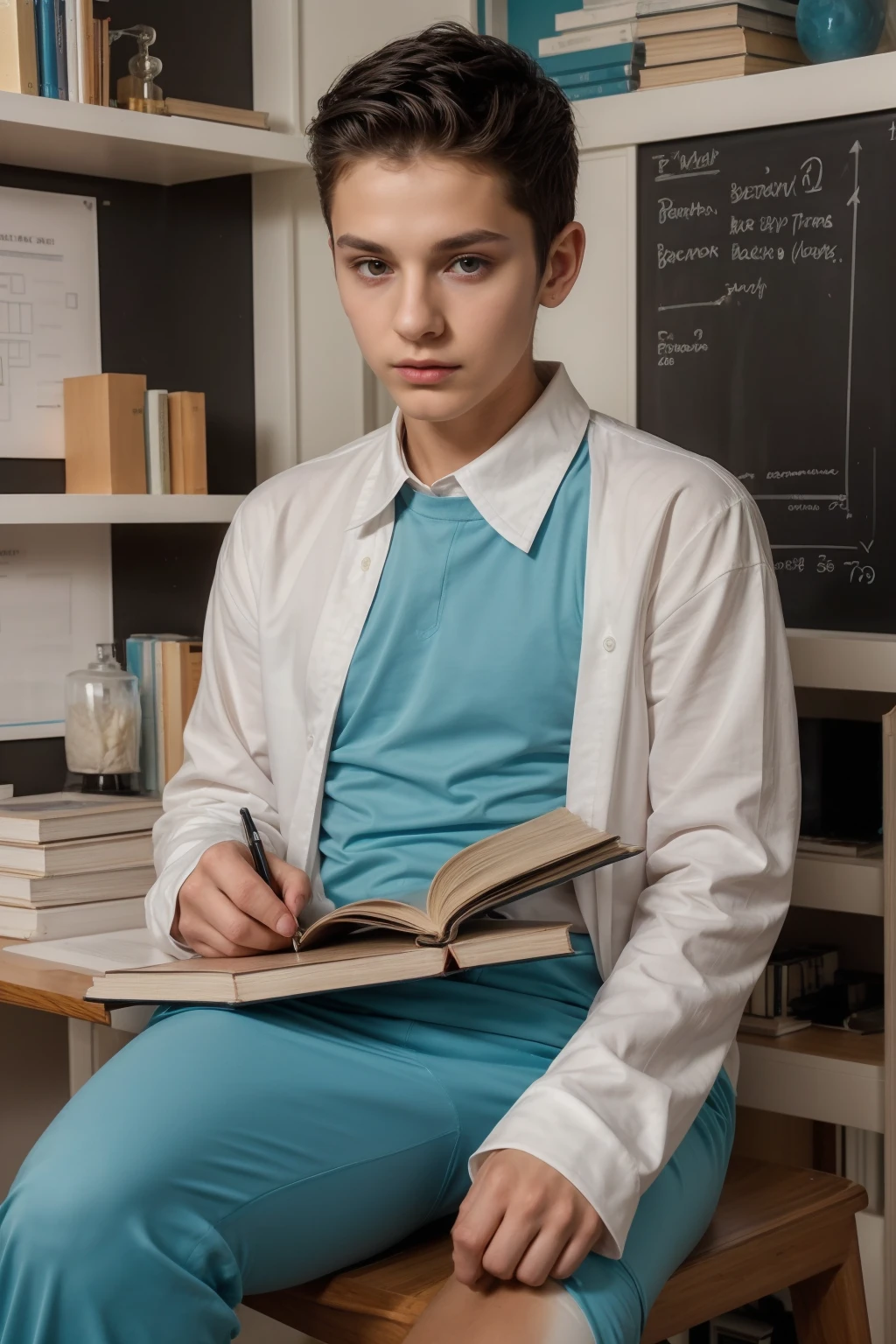 A beautiful young male twink with black hair and a white face with makeup. He is wearing a long-sleeved shirt with a tight white collar and tight aquamarine cotton pants. He is sitting in his office, writing with a huge scientific book, and behind him is a blackboard on which are written the shape of the brain and its ???????.