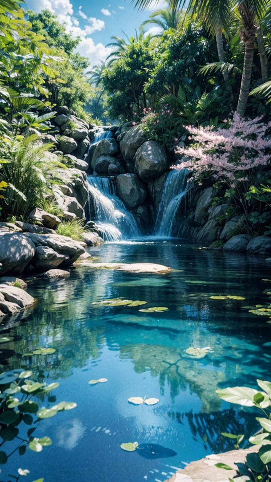 masterpiece, best quality, (Very detailed CG Unity 8k wallpaper) (best quality), (Best Illustration Award), (Best shadow) Vibrant colors, jungle, water, Natural Beauty, An oasis of tranquility , Cherry tree, Blue Sky Ray Tracing, Super detailed