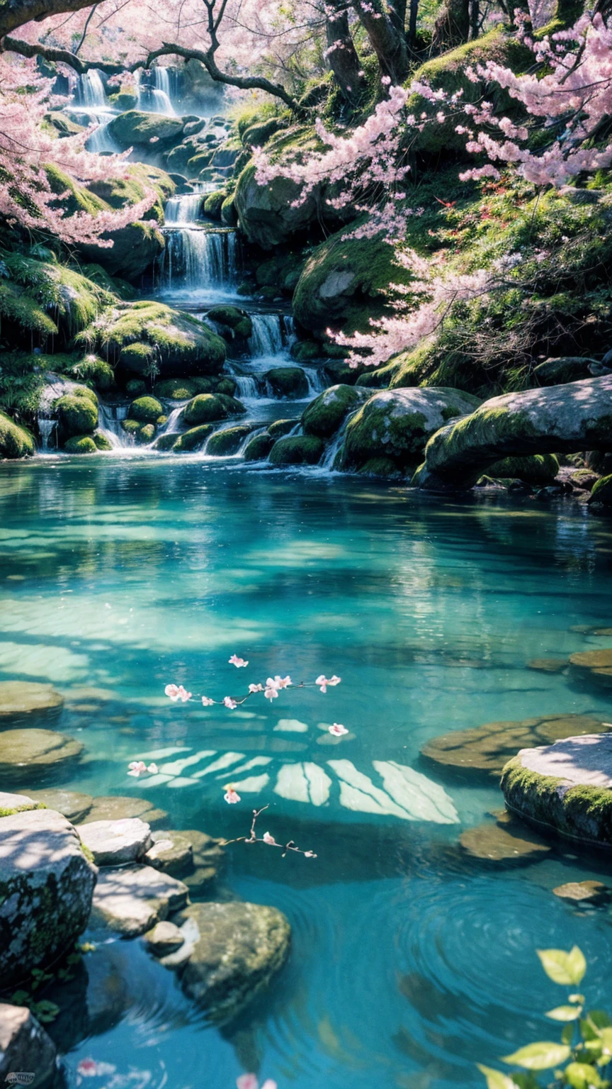 masterpiece, best quality, (Very detailed CG Unity 8k wallpaper) (best quality), (Best Illustration Award), (Best shadow) Vibrant colors, jungle, water, Natural Beauty, An oasis of tranquility , Cherry tree, Blue Sky Ray Tracing, Super detailed