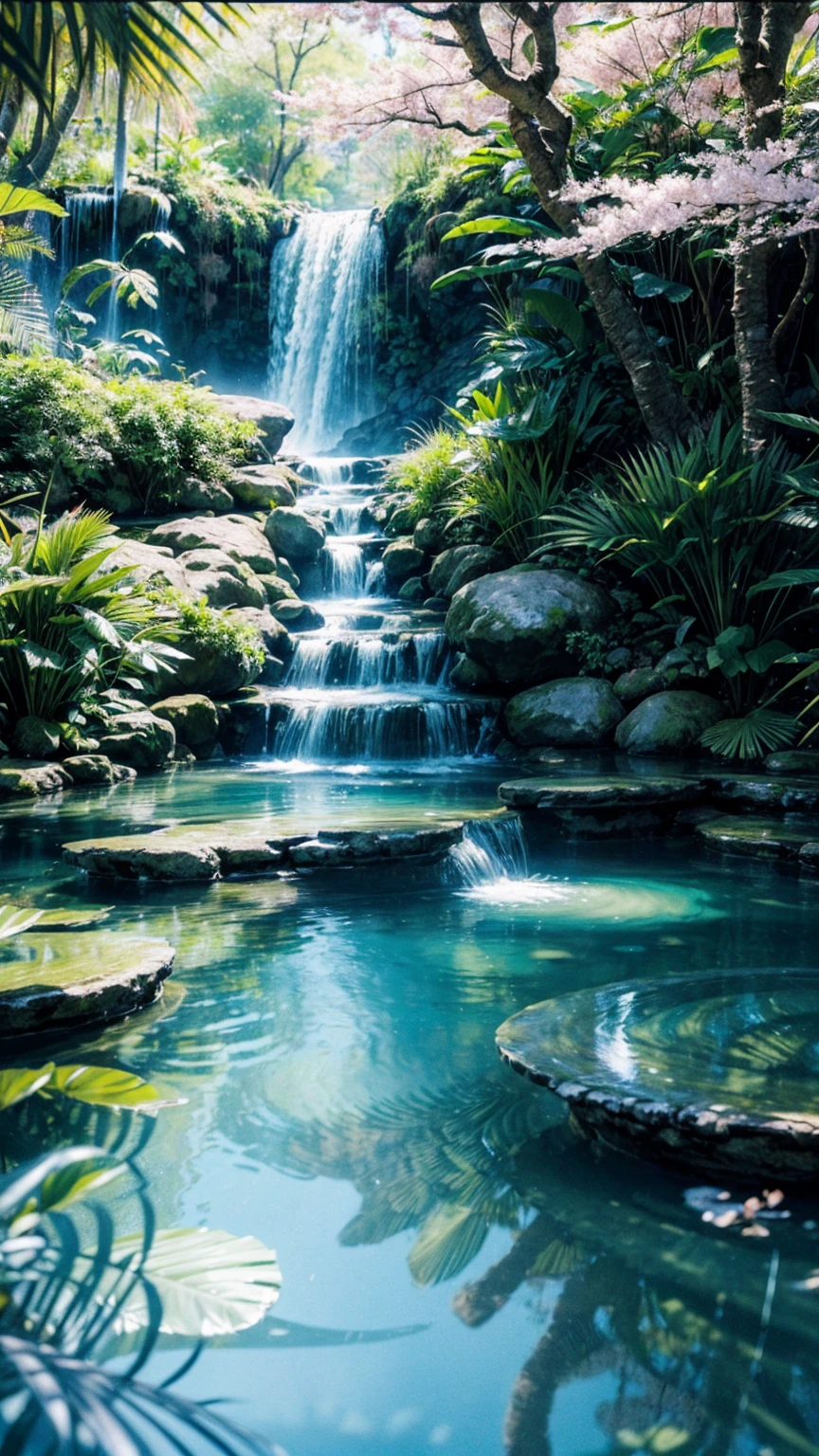 masterpiece, best quality, (Very detailed CG Unity 8k wallpaper) (best quality), (Best Illustration Award), (Best shadow) Vibrant colors, jungle, water, Natural Beauty, An oasis of tranquility , Cherry tree, Blue Sky Ray Tracing, Super detailed