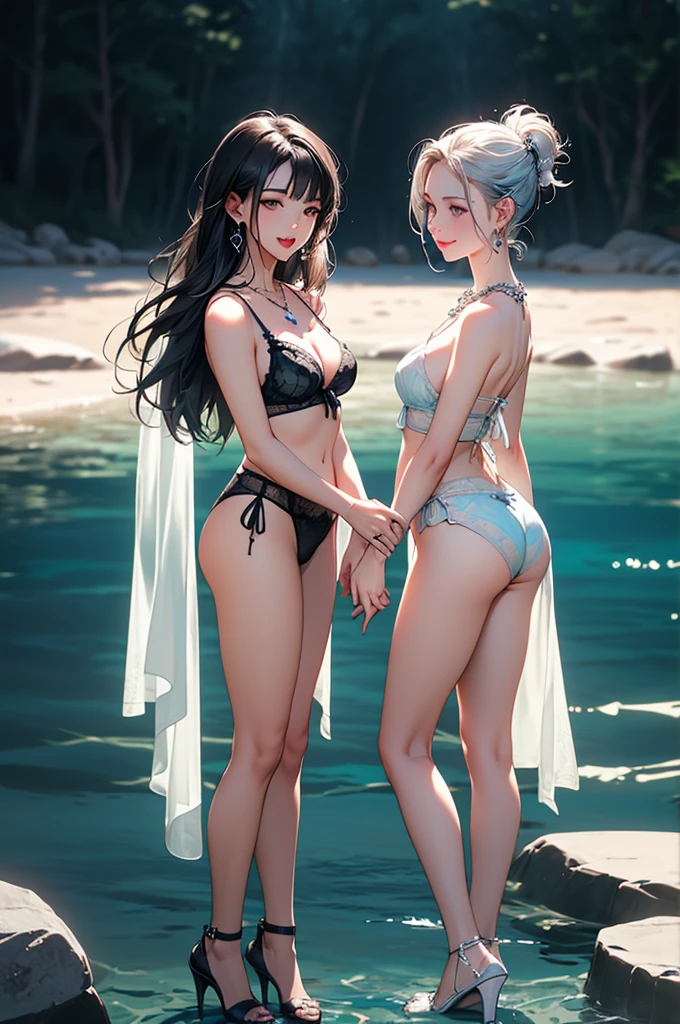 ((Biologically correct limb count)),((Natural finger shape)),((Full Body Shot,Including face)),Standing position,4K,masterpiece,((Focus on the face)),((Symmetrical facial features)),Eye for detailed depiction,Beautiful woman,Excellent style,Beautiful feet,(Small Ass,Thin thighs),(Patterned black stockings,High heels),Facial detailing,Small earrings,necklace,Low angle photo,((Lingerie)),(((A facial expression of pleasure))),(((Bathing in the sea))),(Face the camera),Photograph the side of the body,Blue and silver hair