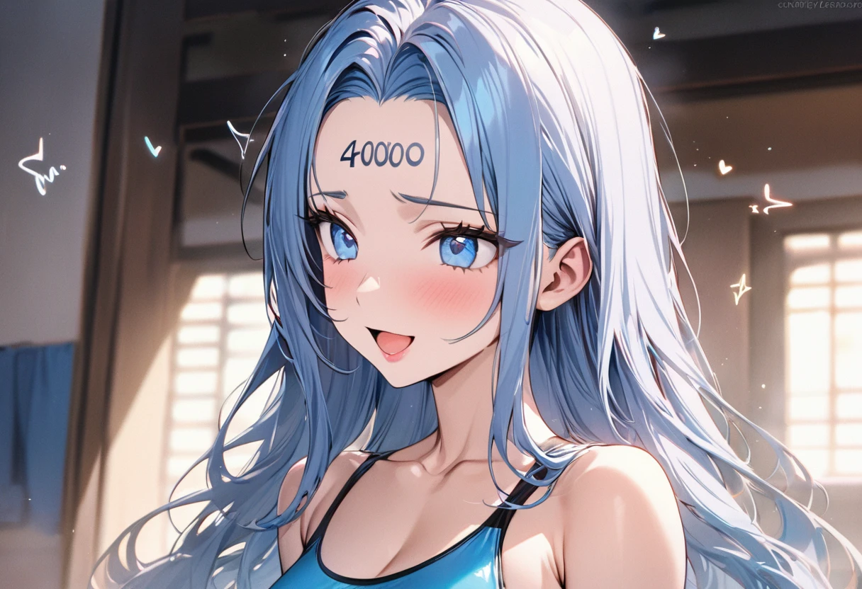 (Characters appear word of "40000"), (solo:2, 15 yo forehead blue hair long hair cute girl, lovely blue eyes, cute open mouth, pink lips, ecstasy smile), in a One piece swimsuit, BREAK, perfect anatomy, masterpiece, best quality, 16k, beautiful detailed grow, daydreaming expression.