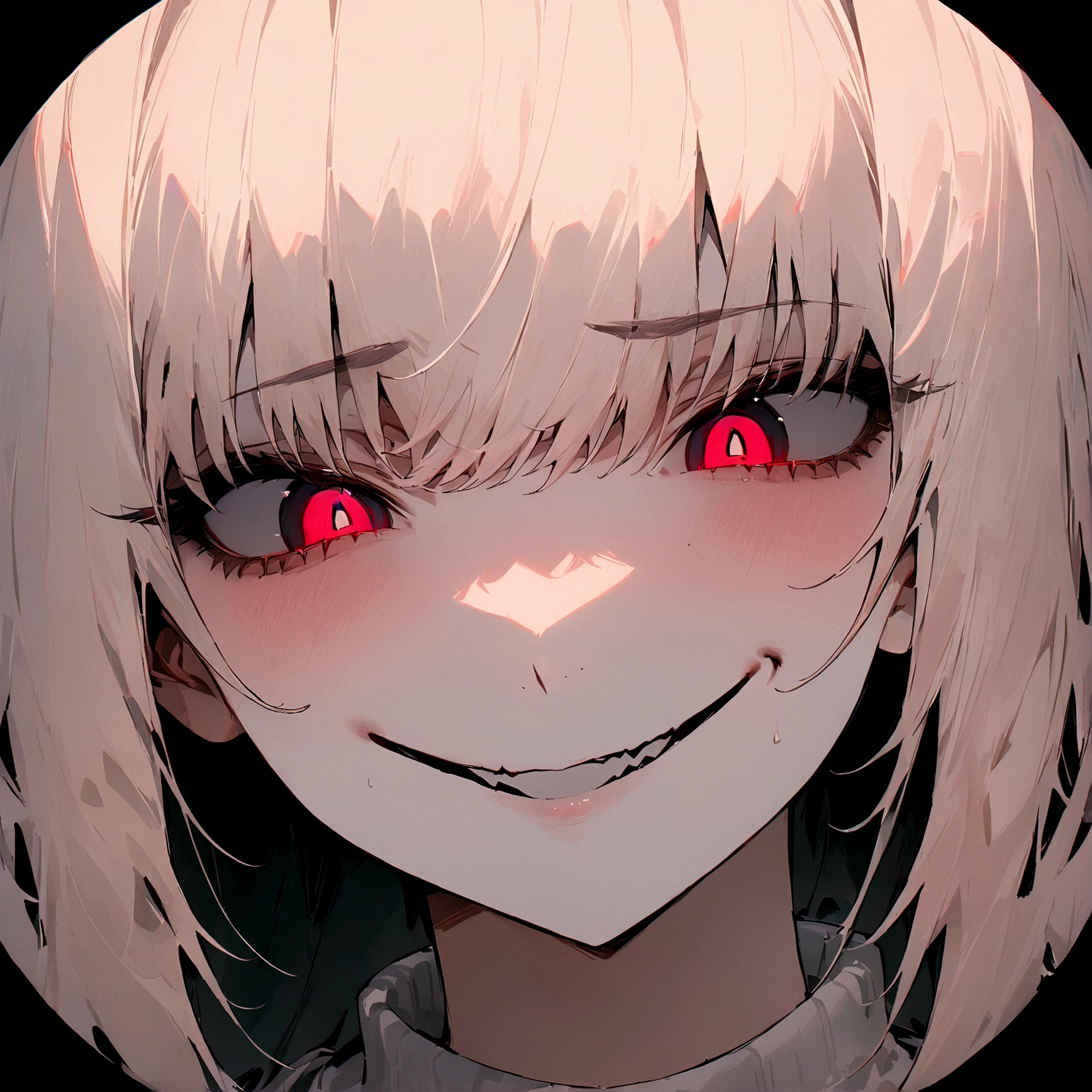 (Masterpiece:1.2, Best Quality), 1 woman, whole body, White sweater , Casual, wide, minimal makeup, , pale,Natural fabrics, closeup face, evil smile, bright eyes circular pupils,8K high resolution, detailed lines, ((whole body))