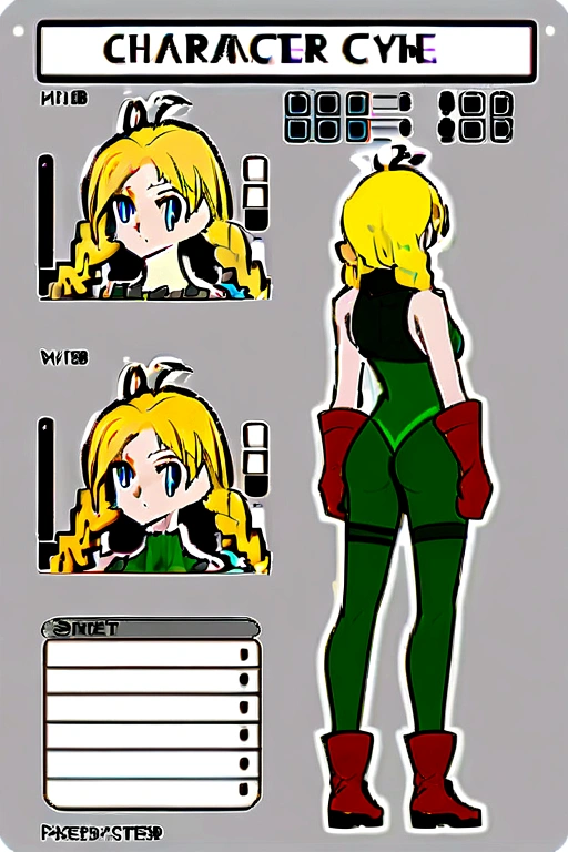 ((character sheet:1.7)), ((front view pose, side view, pose back view pose, turnaround)), concept, poses, 1girl, cammy white, twin braids, long hair, blonde hair, antenna hair, beret, blue eyes, scar on cheek, green leotard, large breasts, sleeveless, red gloves