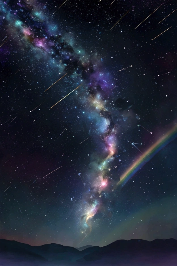 The world we see、Iridescent幻想的なNight Sky、constellation, Iridescentconstellation、Iridescent空包み込まれそうな瞬間,When the stars shine in rainbow colors、Astronomical observation、Planetarium、Meteors、colorful,美しいconstellation、Three-dimensional,wonderful景色,Night Sky,An atmosphere full of dreams and hope,masterpiece.16K, Ultra-high resolution, to be born,wonderful ,future、Iridescent、The world 30 years from now。
