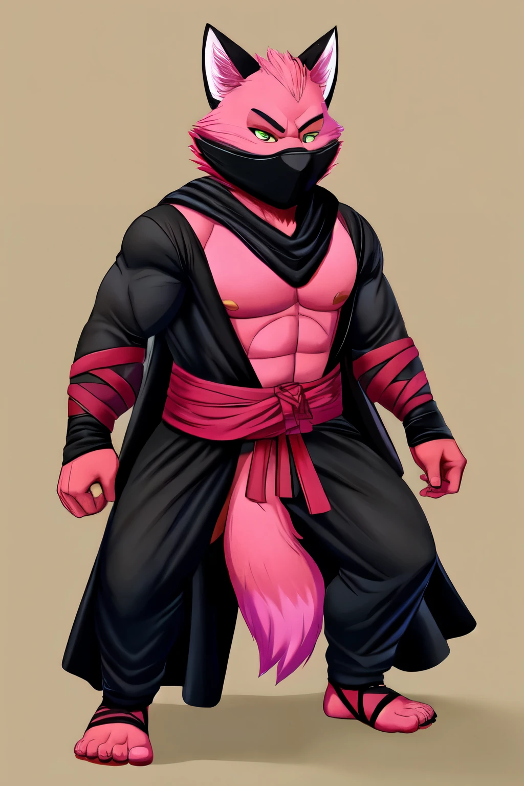 Fox man with pink fur, dressed in a black ninja attire.