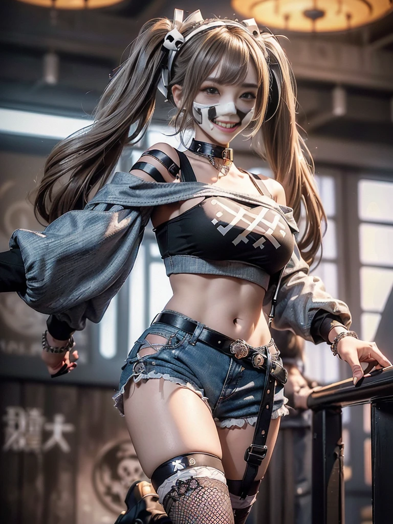 (Full Body View:1.4)、(Side view:1.1)、(Hostess:1.3)、(Smiling with teeth showing:1.3),(Shibuya Gal:1.5)、(y2k woman:1.4)、(Lolita Fashion:1.5)、(Punk RockVisual Kei:1.4)、(A modern short jacket in dark brown and moss green.:1.5)、(Tattered brown and charcoal denim low rise pants:1.5)、(Mustard Yellow Headband:1.3)、(Charcoal and khaki striped knee socks:1.4)、collar、(Brown platform long boots)、(Clothing with logo pattern:1.4)、20-year-old、NSFW,((Highest quality、In 8K、masterpiece:1.3))、Sharp focus:1.2、(Layered Cut、Beautiful boobs:1.1),Beautiful woman with perfect figure:1.4、(Doing an aerobics pose:1.3)、(Open legs:1.3)、(Raise your arms:1.2)、(Open your crotch:1.3)、Slender Abs:1.2、Butt、Highly detailed face and skin texture、Detailed eyes、double eyelid,(Twin tails:1.3)、(Cream colored hair:1.3)、Dynamic Pose、Obscene pose、Humiliating pose、Gravure idol、(Luxurious soapland rooms:1.3)、(Make your legs thinner:1.4)、(Slim body:1.3)、(clavicle:1.1)、(Thin thighs:1.3)