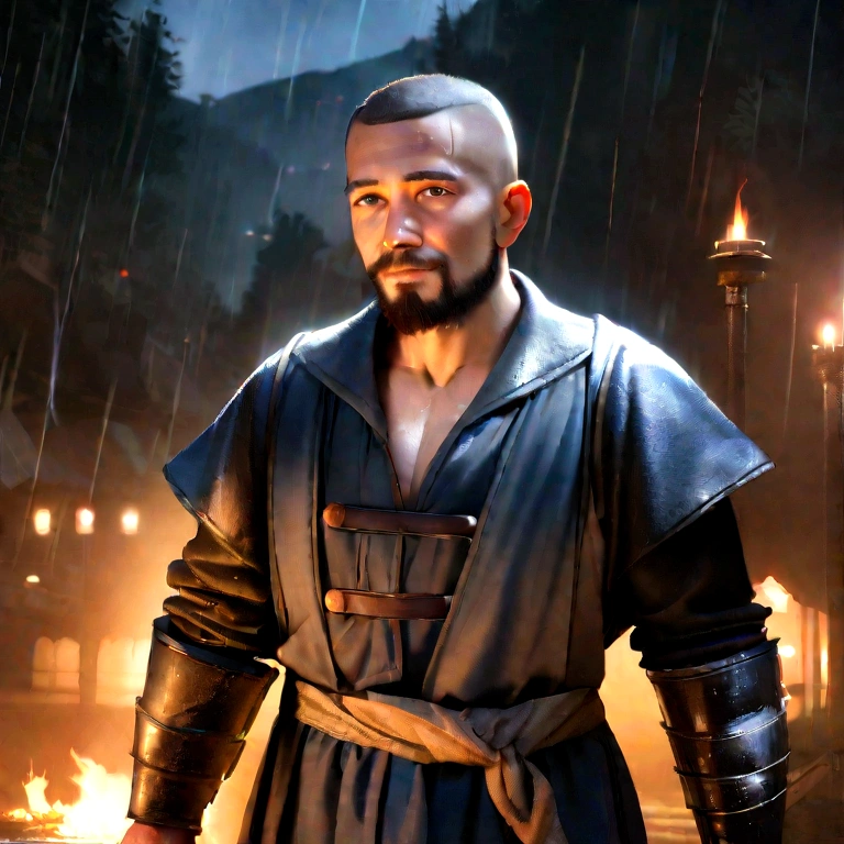 (Photos in RAW format, Best quality), (realistic, photorealistic: 1.2), (round face: 1), 1 man (40 years, shaved head, beard) against the background of the forest, (highly detailed skin: 1.2), (Blue eyes), (burning torch), smile, Water, pure white linen medieval clothing, soft lighting, high quality, cityscape, skyline, night, rain, Wet, professional lighting, photon mapping, physically based rendering,