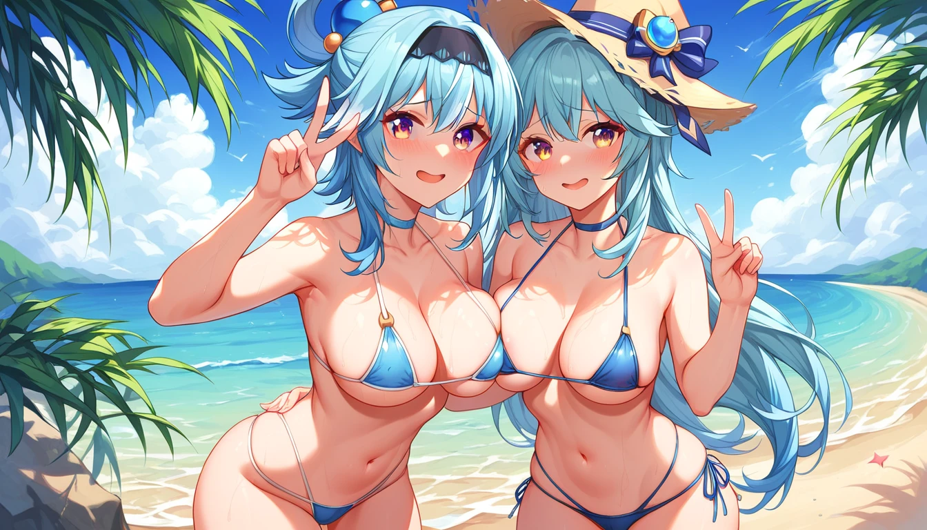 ((2girls:1.3)), ((moe style:1.3)), beach, cowboy shot, microbikini, peace sign, smile, touching breasts, ((blue hair:1.3)), eula (genshin impact), aqua (konosuba), ((shy:1.3)), blush, ((perfect face)), ((extremely cute:1.3)), ((masterpiece:1.3)), ((8k)), ((best quality:1.3)), ((beautiful)), ((extremely detailed:1.3)) , ((absurdres)), AddXL, ((score_9:1.3)), ((score_8_up:1.3)), ((score_7_up:1.3)), Expressiveh
