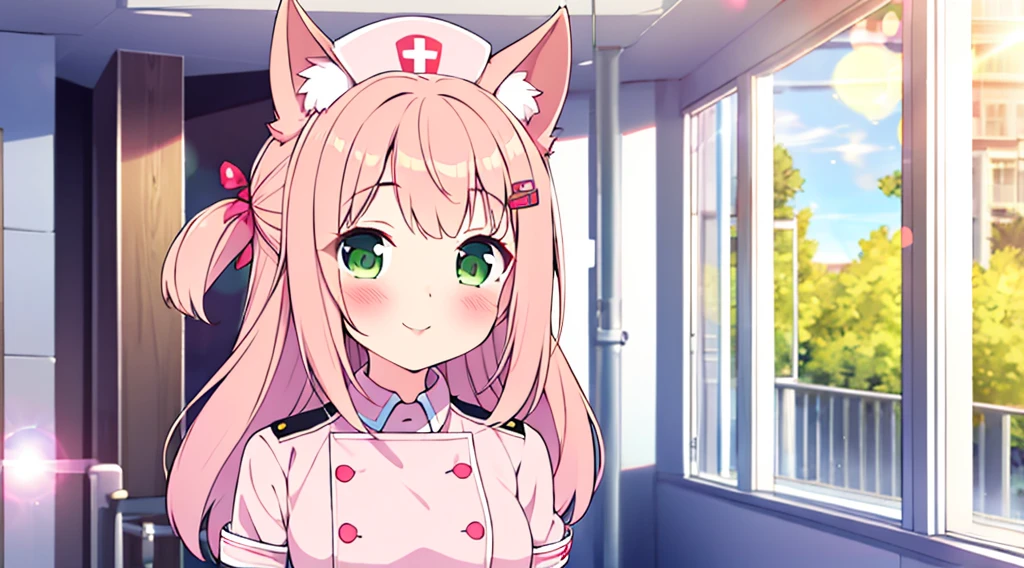 interior,hospital,A girl, alone, green eyes, gray fur, Hair ornaments, hits, Youtuber Virtual, shine, blunt hits, double explosion, animal ears, Lens flare, flat chest,pink nurse uniform,blush, (See your viewers), SMILE,