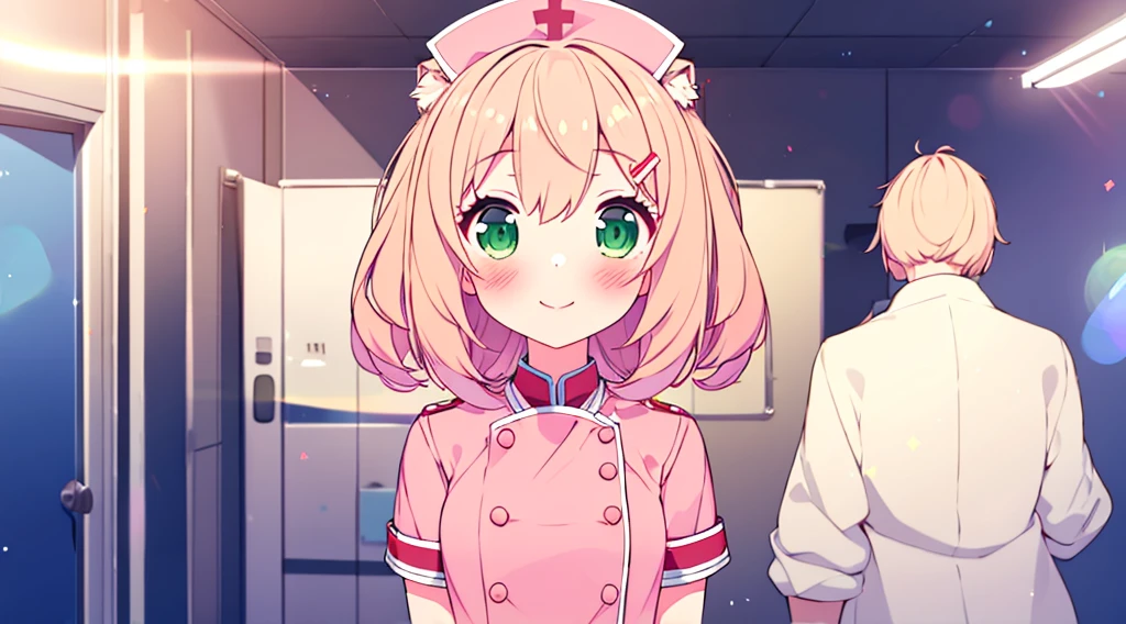interior,hospital,A girl, alone, green eyes, gray fur, Hair ornaments, hits, Youtuber Virtual, shine, blunt hits, double explosion, animal ears, Lens flare, flat chest,pink nurse uniform,blush, (See your viewers), SMILE,