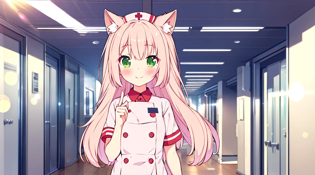 interior,hospital,A girl, alone, green eyes, gray fur, Hair ornaments, hits, Youtuber Virtual, shine, blunt hits, double explosion, animal ears, Lens flare, flat chest,pink nurse uniform,blush, (See your viewers), SMILE, 