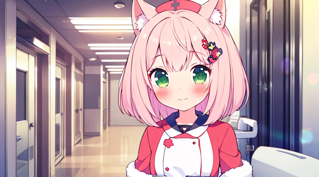interior,hospital,A girl, alone, green eyes, gray fur, Hair ornaments, hits, Youtuber Virtual, shine, blunt hits, double explosion, animal ears, Lens flare, flat chest,pink nurse uniform,blush, (See your viewers), SMILE,