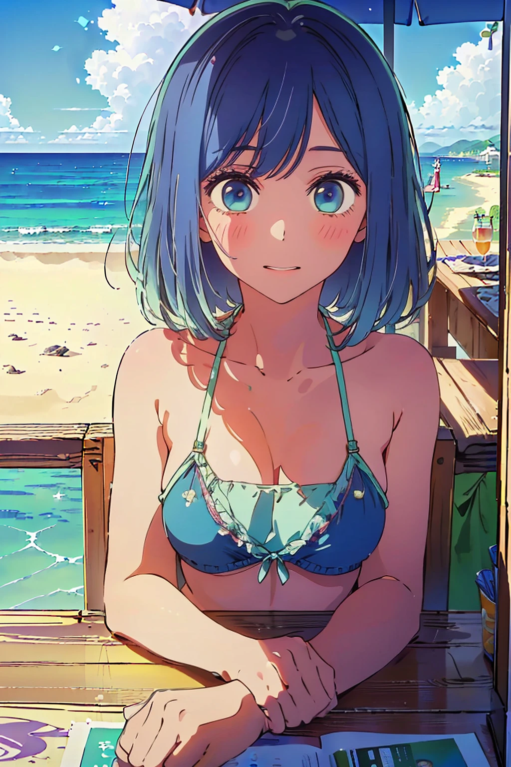 (Highest quality:1.4、masterpiece:1.4、Super detailed:1.4、8K:1.4)、((((1 person、Surprised expression、sit、Outdoor café terrace、coastal、juice、table、Sandy Beach、juiceのグラスを持つ、Big eyes、Very cute face))))、((((Plain Bikini))))、F cup bust、Medium breast