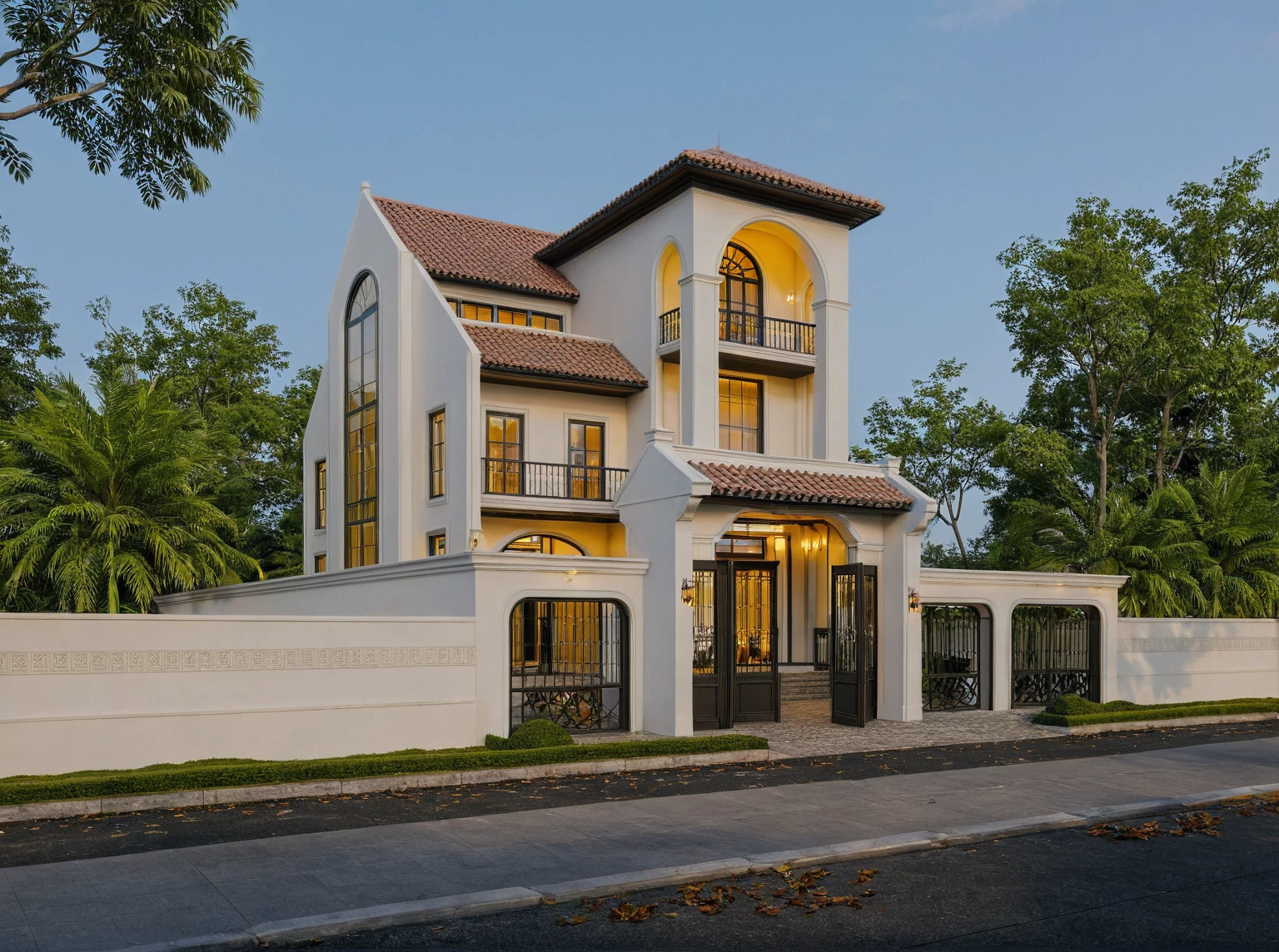 (a photo of an exterior house in indochine style on the street,best quality,4k,8k,highres,masterpiece:1.2),ultra-detailed,(realistic,photorealistic,photo-realistic:1.37),HDR,UHD,studio lighting,ultra-fine painting,sharp focus,physically-based rendering,extreme detail description,professional,vivid colors,bokeh,exterior,outdoors,house,indochine style,street,road,pavement,grass,trees,s,(night:1.1)