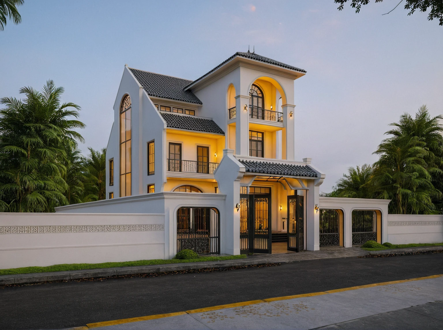 (a photo of an exterior house in indochine style on the street,best quality,4k,8k,highres,masterpiece:1.2),ultra-detailed,(realistic,photorealistic,photo-realistic:1.37),HDR,UHD,studio lighting,ultra-fine painting,sharp focus,physically-based rendering,extreme detail description,professional,vivid colors,bokeh,exterior,outdoors,house,indochine style,street,road,pavement,grass,trees,s,(night:1.1)