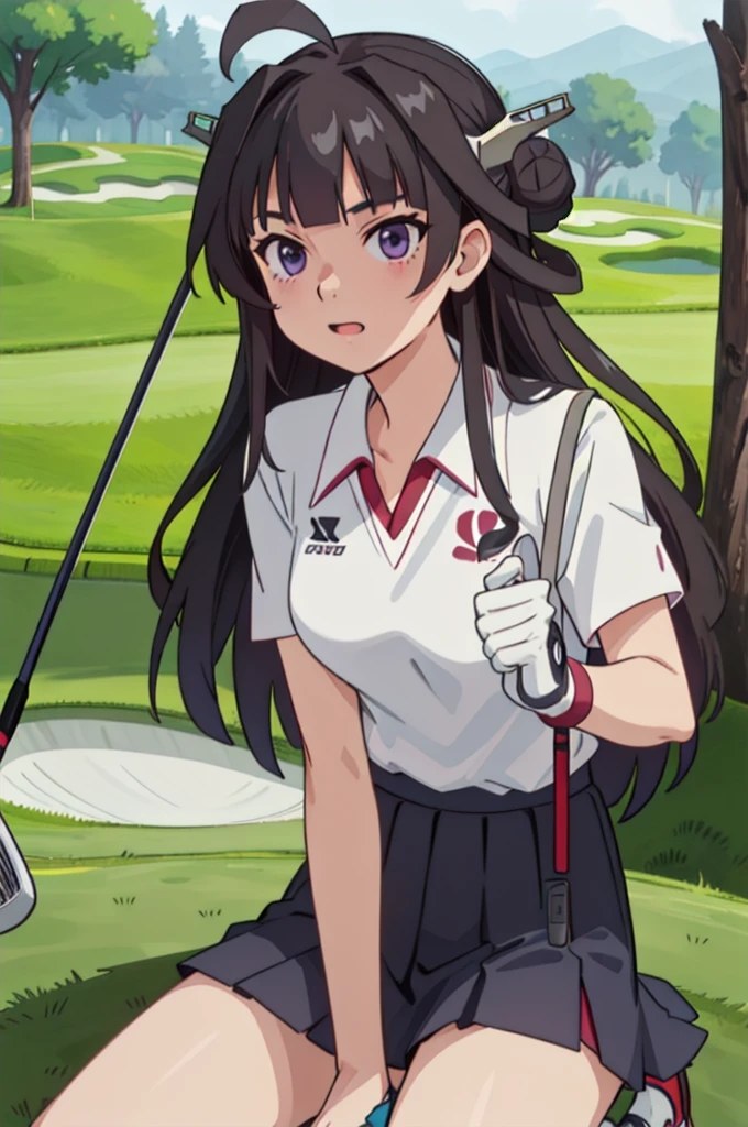 KanColle Kongou, black, Ahoge, Brown Hair, Double Bang, Hair Bun, Hair Bunド, headgear, Long Hair, (Purple eyes:1.1), 
(Golf Wear), (Pleated skirt), Golf Swing, (Panty shot),Nice shot ruined looking at viewer, 
Destroy outdoors,Breaking a golf club (masterpiece:1.2), Highest quality, High resolution, unity 8k wallpaper, (figure:0.8), (Beautiful attention to detail:1.6), Highly detailed face, Perfect lighting, Highly detailed CG, (Perfect hands, Perfect Anatomy),