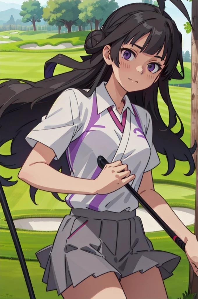 KanColle Kongou, black, Ahoge, Brown Hair, Double Bang, Hair Bun, Hair Bunド, headgear, Long Hair, (Purple eyes:1.1), 
(Golf Wear), (Pleated skirt), Golf Swing, (Panty shot),Nice shot ruined looking at viewer, 
Destroy outdoors,Breaking a golf club (masterpiece:1.2), Highest quality, High resolution, unity 8k wallpaper, (figure:0.8), (Beautiful attention to detail:1.6), Highly detailed face, Perfect lighting, Highly detailed CG, (Perfect hands, Perfect Anatomy),