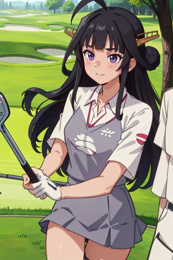 KanColle Kongou, black, Ahoge, Brown Hair, Double Bang, Hair Bun, Hair Bunド, headgear, Long Hair, (Purple eyes:1.1), 
(Golf Wear), (Pleated skirt), Golf Swing, (Panty shot),Nice shot ruined looking at viewer, 
Destroy outdoors,Breaking a golf club (masterpiece:1.2), Highest quality, High resolution, unity 8k wallpaper, (figure:0.8), (Beautiful attention to detail:1.6), Highly detailed face, Perfect lighting, Highly detailed CG, (Perfect hands, Perfect Anatomy),