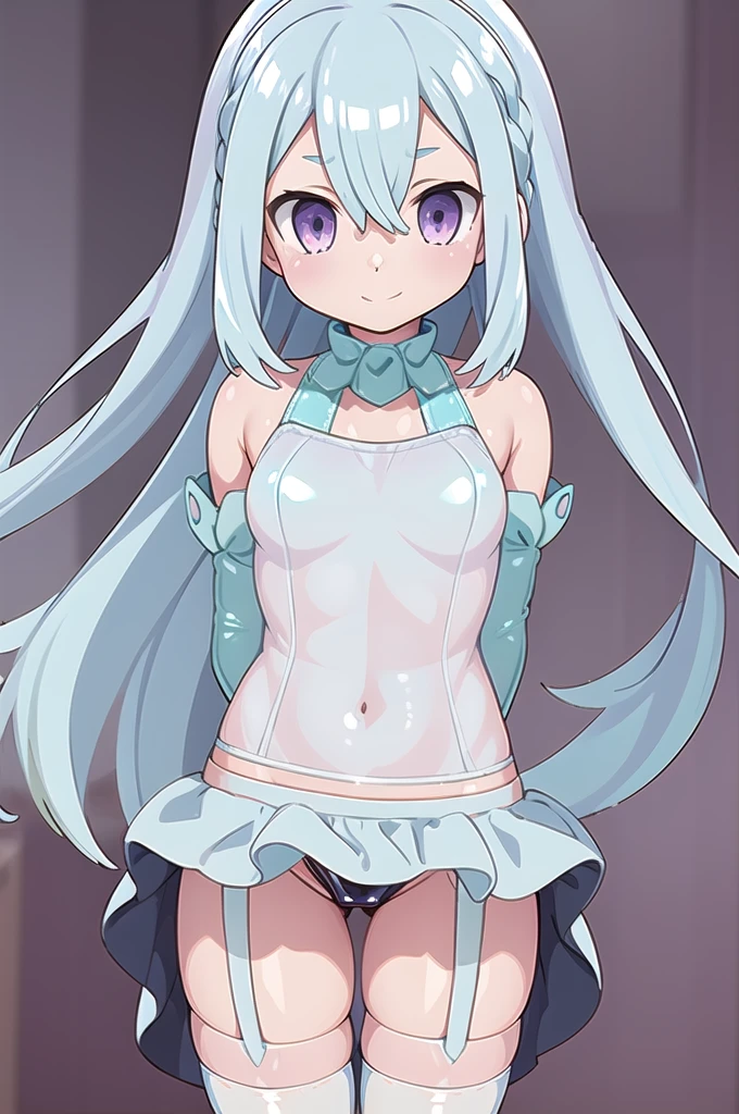1girl,solo,(witch:1.4),(cowboy shot),standing,(pastel blue hair:1.6),long hair,(straight hair:1.2),forehead,center part,(purple eyes:1.4),(beautiful fingers:1.4),(perfect anatomy:1.4),(arms_behind_back:1.6),(cold_shoulder:1.4),BREAK,(pastel blue competition swimsuit:1.6),(leather lace glossy silk lamé:1.6),(latex luster shiny glossy metallic:1.6),(shiny_clothes:1.6),(large breasts:1.2),beautiful breasts,masterpiece,best quality,(Ultra high definition eyes:1.2),8k,(Beautiful detailed eyes:1.2),(Fine and beautiful eyes:1.2),(pretty eyes:1.2),finely detail,extremely CG, absurdres,high resolution,illustration,Detailed and beautiful outlines,finely detail,high resolution,(colorful refraction:1.4,Increase saturation:1.2),beautiful lighting,dynamic lighting,closed room,black background,simple background, smile,looking at viewer,Ro Christus,(pastel blue garter belt:1.6),(white Clear PVC sheets sleeves:1.4),(sheer sleeves:1.4),(see-through sleeves:1.4),(wide sleeves:1.2),(pastel blue thigh-high socks:1.6)