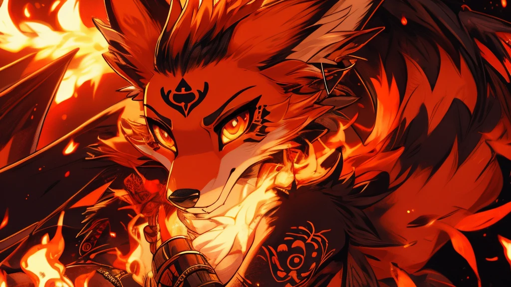 Kitsune 9 tails, add high definition_detail:1, blue fur,kitsune ears, tribal tattoo add_detail:1, in hell add_detail, batwigns add_detail Fer yokai kitsune.