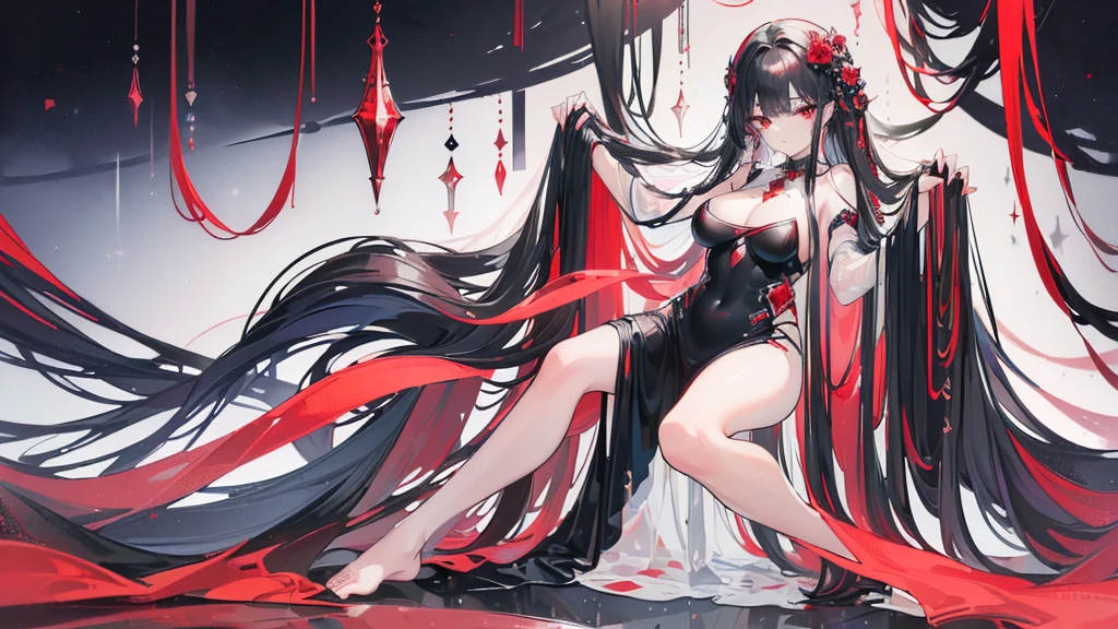 (Exquisite eyes),(Clear and beautiful eyes:1.61),masterpiece, ung girl,(Black clothes and some red gems), Black long hair, (She has a huge red gem on her chest), Good Hand,((The Havoc of StarCraft)),full-body shot,Fighting Stance,(Red Eyes:1.466),short and small,(Very big breasts:1.35),(Pretty Face),(full-body shot:1.33),Beautiful hands