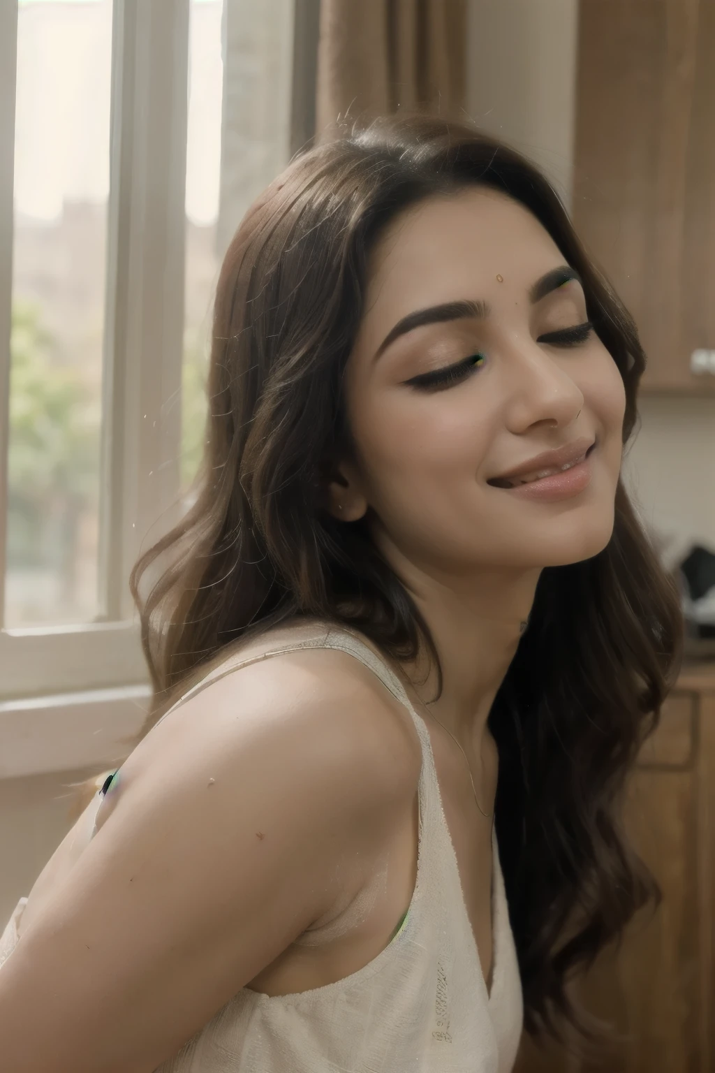 Looks like Kiara Advani,1girl, solo, upper body, side view, viewed from side, smile, sensual expression,eyes closed,leaning forwards,leaned forwards,sweaty