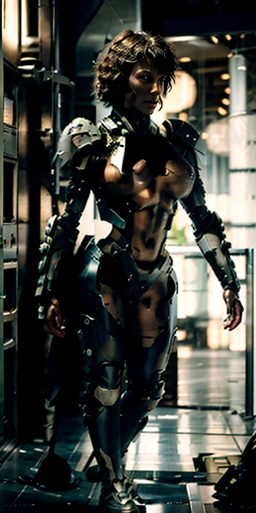 photorealistic, high resolution, 1 super muscular women, mature muscular female, solo, hips up, robot, anatomically perfect woman, carbon fiber, tactical, black metal, wiring,glowing eyes,artificial muscle,exposed machinery, full robot body