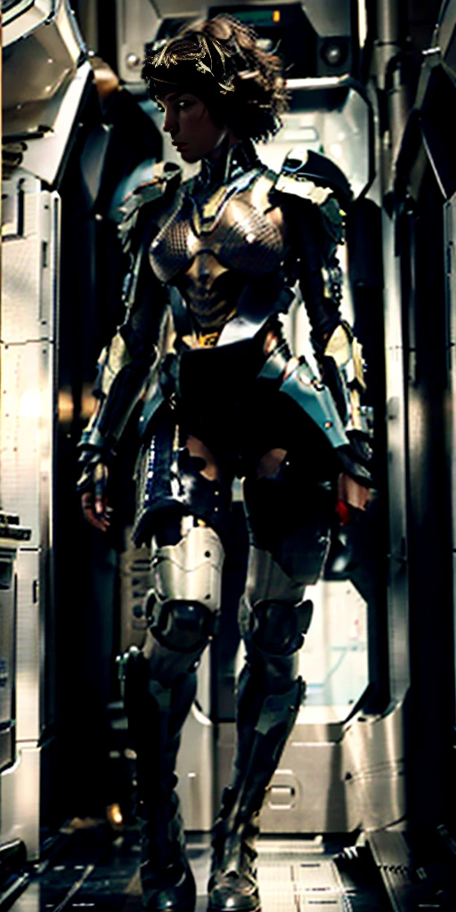 female warrior, full body, ready for combat, futuristic exoskeleton, topless, dark curly hair, sweaty body, naked, futuristic interior
