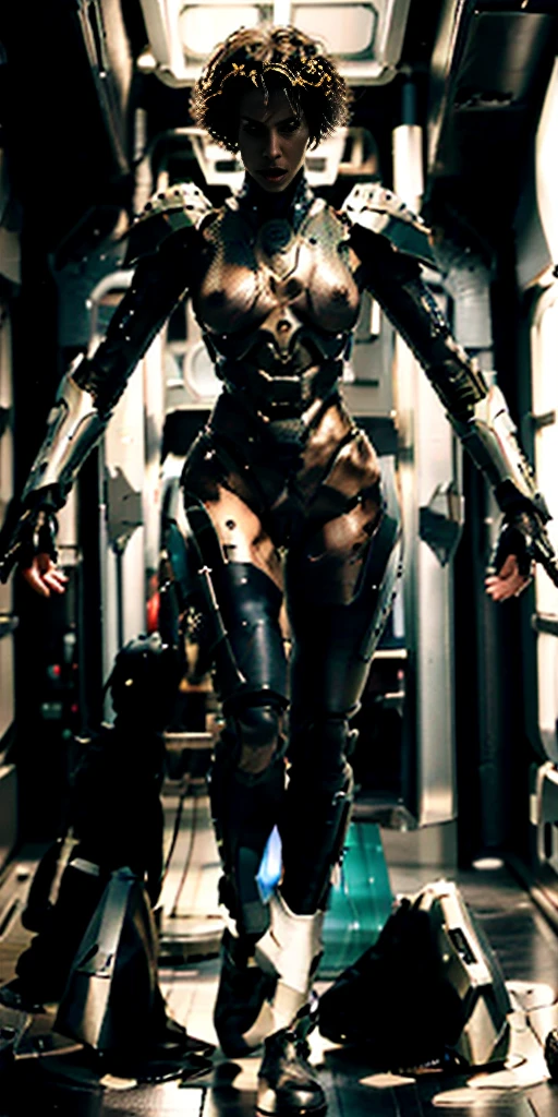 female warrior, full body, ready for combat, futuristic exoskeleton, topless, dark curly hair, sweaty body, naked, futuristic interior