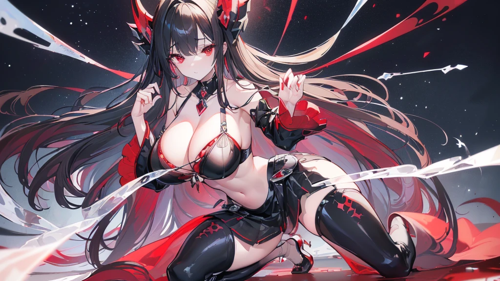 (Exquisite eyes),(Clear and beautiful eyes:1.61),masterpiece, 1 young girl,(Black clothes and some red gems), Black long hair, (She has a huge red gem on her chest), Good Hand,((The Havoc of StarCraft)),full-body shot,Fighting Stance,(Red Eyes:1.466)，short and small,(Very big breasts:1.35),(Pretty Face),(full-body shot:1.33),Beautiful hands