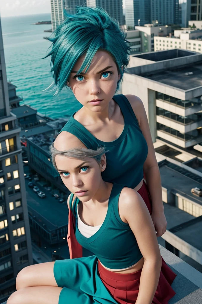 Screenshot of My Hero Academia, A girl, with short shoulder length ocean blue hair, turquoise eyes, serious look and slanted eyes, a scar on the shoulder and one on the cheek, a gray vest with a red tie and a green skirt, sitting on the edge of the top of a building in the background it is night, full body.