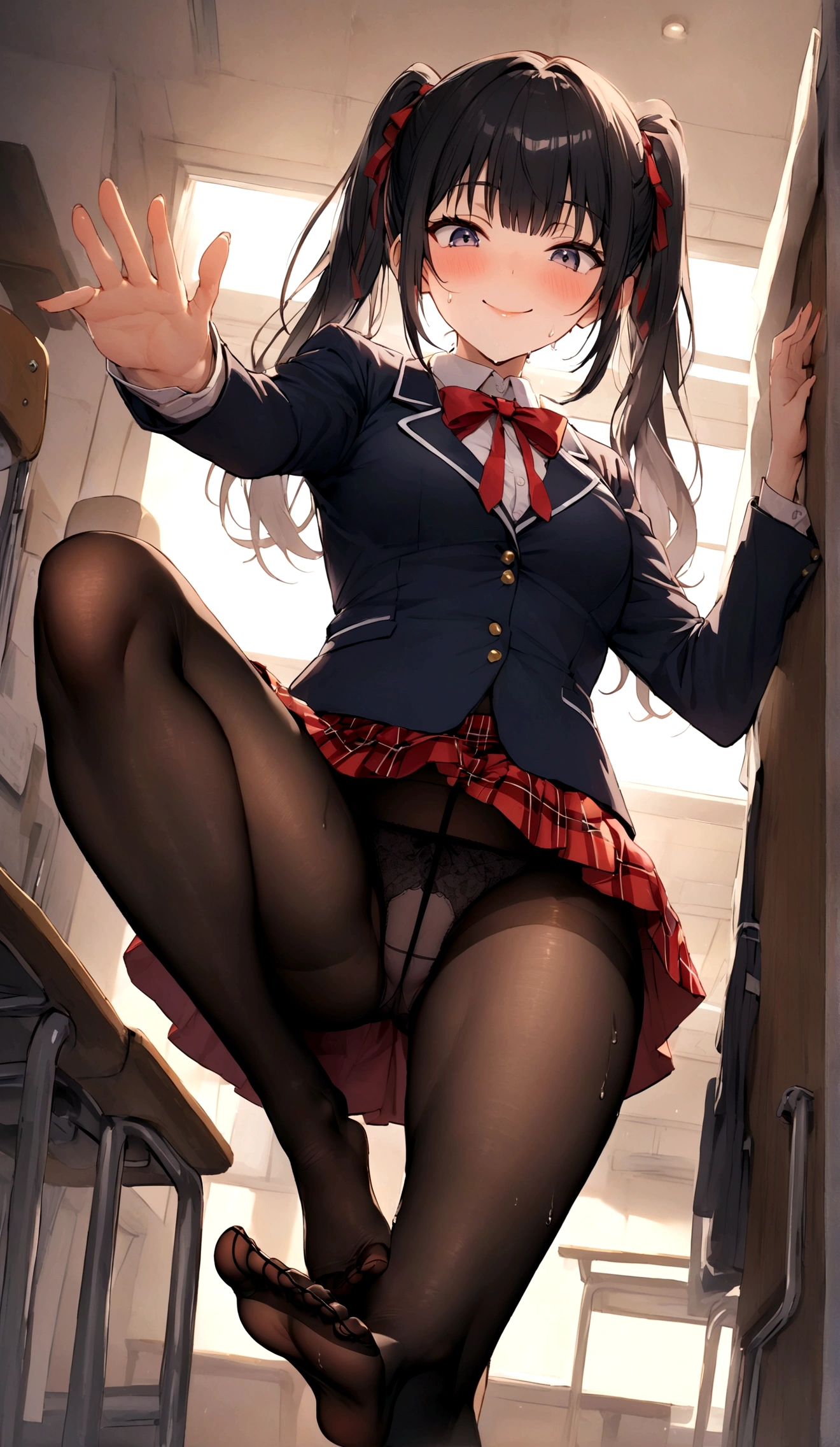 Yankee high school girl、One girl in a mini skirt, Squat with your legs wide apart、Looking down at the viewer, Twin tails, Highest quality, Focus on the thighs, Dynamic pose, smile, blazer, blouse, Black Pantyhose, panties under pantyhose, , classroom, Black Hair,My thighs are steaming between the legs 、Sweaty pantyhose、Show the soles of your feet here、My feet are stuffy