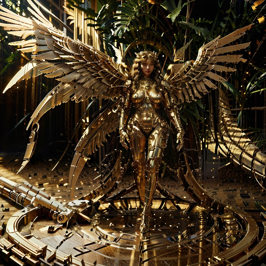 (naked angel girl)),girl with extremely big gold robotic angel wings, ((jungle above)),  (best quality, 8K, Masterpiece: 1.3)), Sharp focus: 1.2, full body, Beautiful woman with a perfect figure: 1.4, Slim stomach: 1.2, ((long curly hair, Large round breasts)), (futuristic Elegant golden armor with intricate details.), walk, Highly detailed facial and skin texture,Detailed eyes, masterpiece